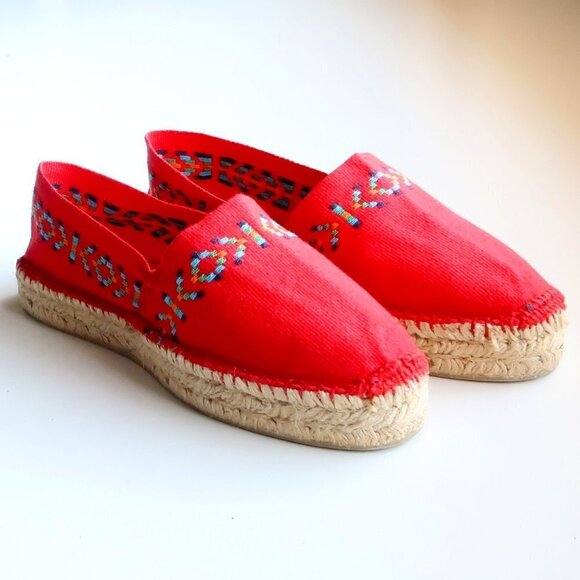 Cousu Main Handmade Red Organic Cotton Canvas Espadrilles Flats Summer Shoes - Picture 5 of 16